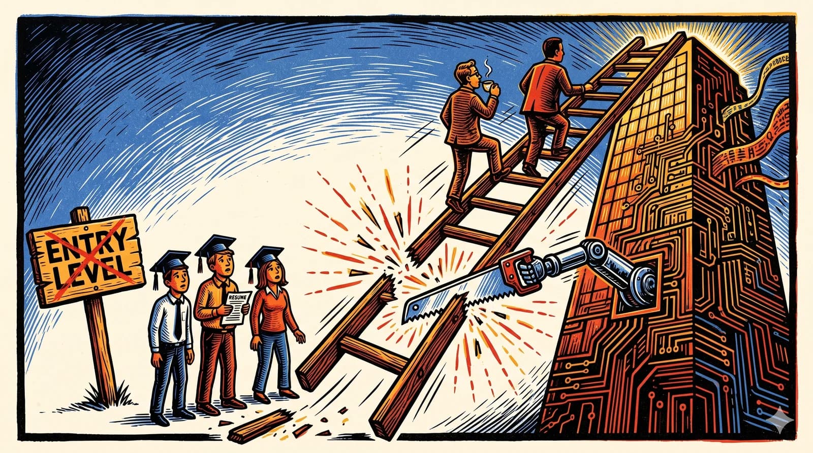 A career ladder leans against a glowing corporate AI tower on the right. A robotic arm extends from the tower and saws through the bottom rung. Three young graduates in caps stand at the base on the left looking up, one clutching a resume. Higher up the ladder, two oblivious mid-career figures keep climbing, one smoking a pipe. A wooden signpost on the left reads ENTRY LEVEL.